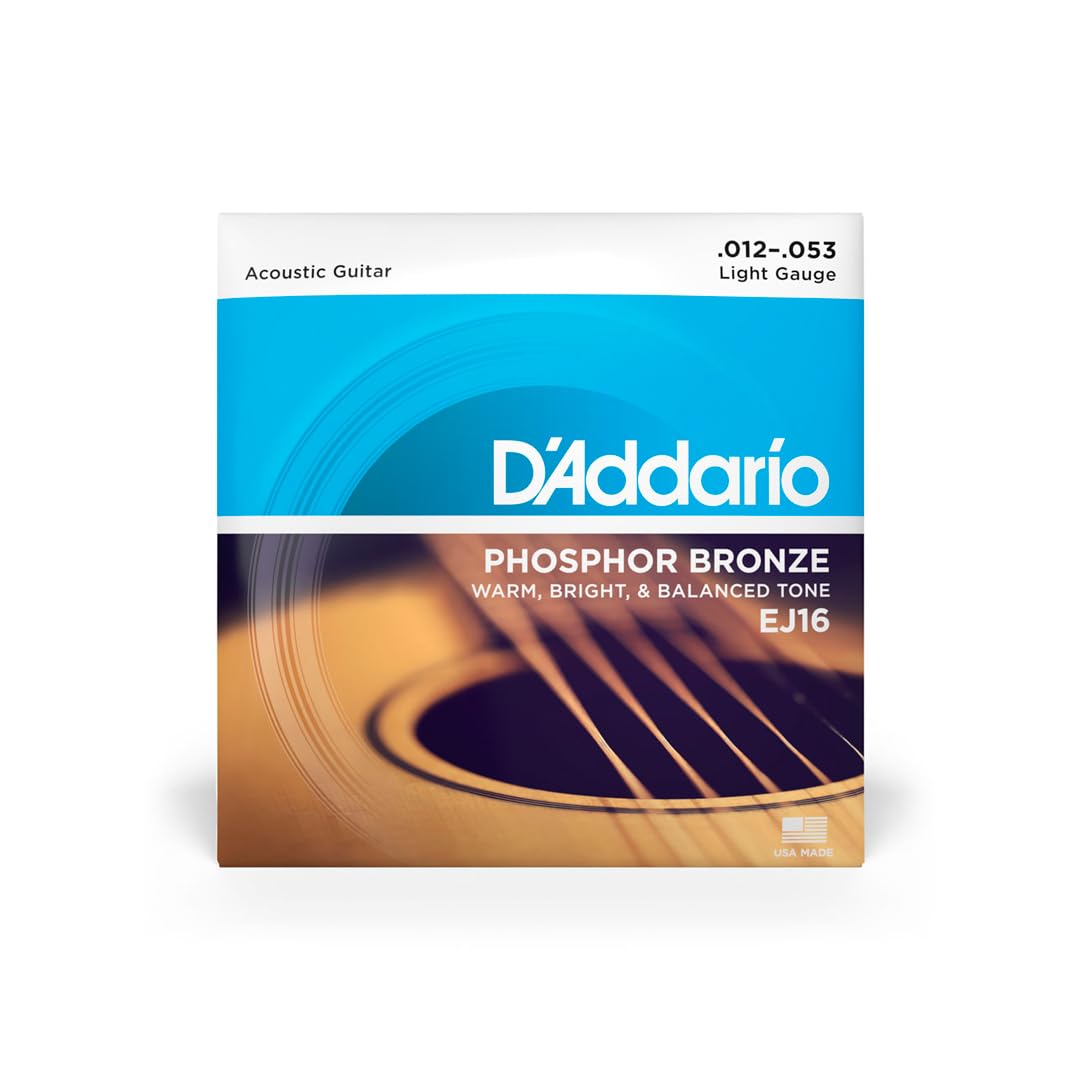 D'Addario Acoustic Guitar Strings, Phosphor Bronze, EJ16, Light Gauge 12-53, 6-String Set, Pack of 1