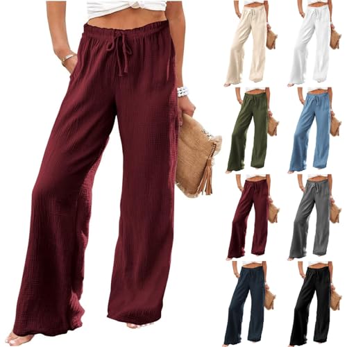 Wide Leg Linen Pant Woman Summer Beach Drawstring Elastic High Waist Palazzo Pant Cotton Linen Trousers with Pockets2