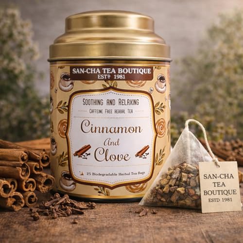Image of Sancha Tea Boutique, Cinnamon & Clove Herbal Tea, Caffeine-Free Tisane, 25 Biodegradable Pyramid Tea Bags, Warming & Aromatic Herbal Blend