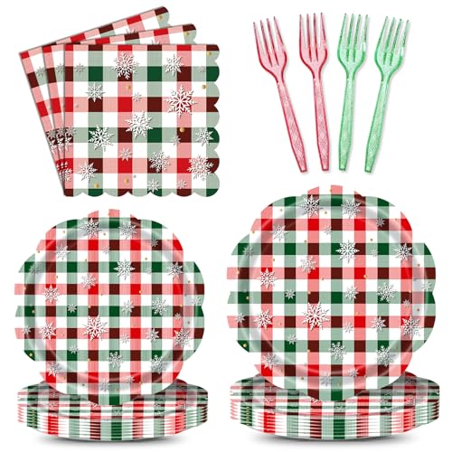 96 Pieces Christmas Plaid Tableware Set – Red and Green Checkered Disposable Plates, Napkins, and Forks with Snowflake Design for Holiday Parties, Winter Birthdays, and Seasonal Events
