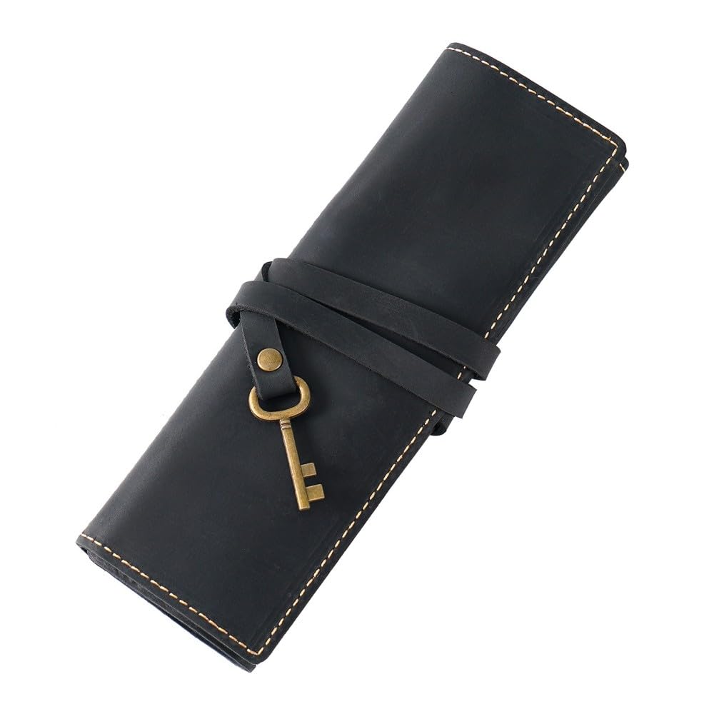 DONGKER Leather Pen Bag,Roll-Up Leather Wrap Pen Pouch, Foldable Pencil Roll Organizer for Student Artist Drawing Coloring