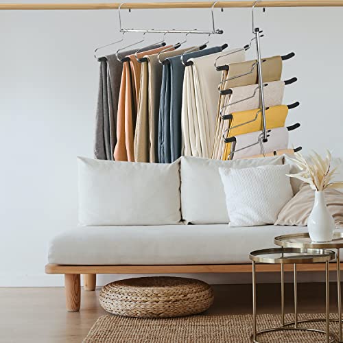 Pants Hangers Space Saving,5 Layers Pants Hangers With Non-Slip Foam Padded Swing Arm Trousers Hangers Heavy Duty Multi-Layer Pants Hangers Rack For Jeans Trousers Skirts Scarf(2 Pack) #TOP3