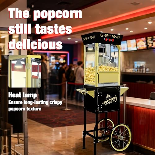 Image of 12 oz Popcorn Machine Cart - Commercial Vintage Popcorn Maker with Storage Stand, Stainless Steel Kettle & Tempered Glass, Ideal for Home Theater, Party Concessions and Carnival Events (Black)