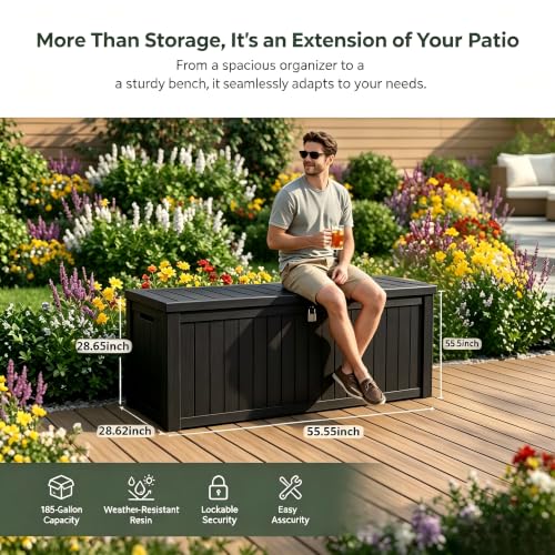 Image of 185 Gallon Deck Box Outdoor Storage, Weatherproof Resin Patio Container for Cushions Garden Tools Pool Accessories, Lockable Lid with Handles, Bench Seat for Yard Patio Garage