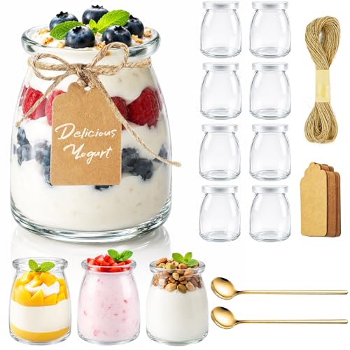 Sheryl&Rain 150ml Pot Yaourt en Verre avec Couvercle, Cuillère, 12 Pièces Petit Pots de Yaourts avec Etiquettes et 10M Ficelle, pour Yaourt Maison, Desserts,...