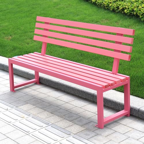 Banco de jardín rosa con listones de madera y estructura de hierro para exterior 3