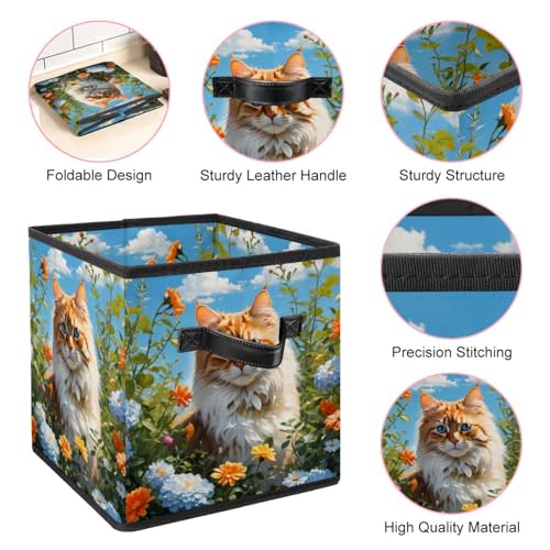 Panier de rangement pliable grand cube chat mignon poignées cuir - 5