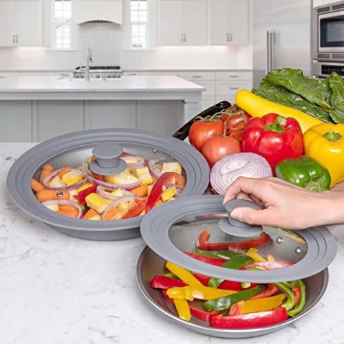 Universal Silicone Glass Lid Set for Pots Pans & Skillet Size 7, 7.5, 8, 8.5, 9, 9.5,10, 10.5,11 & 11.5\" Inches, Tempered Glass Lid with Steam Vent & Cool-Touch Handle (Pack of Two - Black)