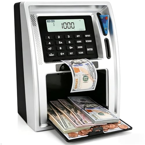 Qiekaka Electronic Kids ATM Money Bank with Card & Code, Auto Cash Deposit, Coin Counter, Savings Goal Display, Big Capacity Toy Bank for Learning Money Skills, Boys & Girls Gifts– Silver Black