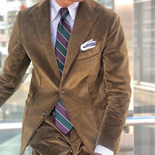 Men's Casual Corduroy Suit 2 Piece Vintage Tuxedo Wedding Two Button Sport Coat Fashion Notch Lapel Blazer Jacket Pants3