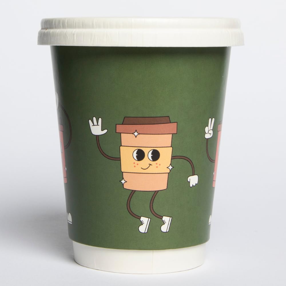 AIOS Plastic Free Aqueous Double Walled Coffee Cups with Sip Thru Lids 12oz - Cupster Design (100)
