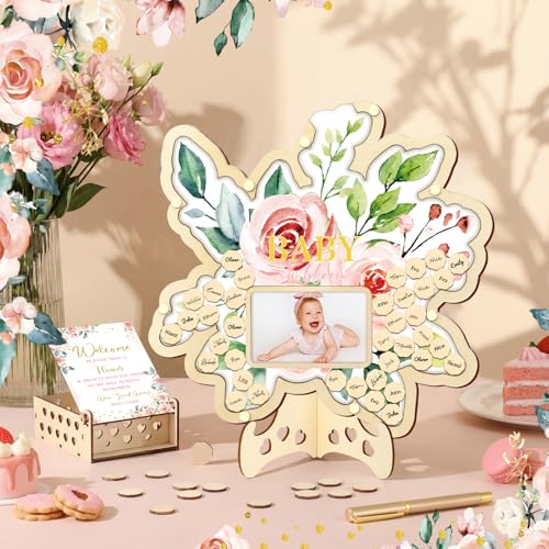 Image of Wenqik 63 Pcs Baby in Bloom Baby Shower Guest Book Alternatives Pink Floral Decorations Set with Photo Frame Sonogram Frame Keepsake 60 Wood Slices Guest Book for Birthday