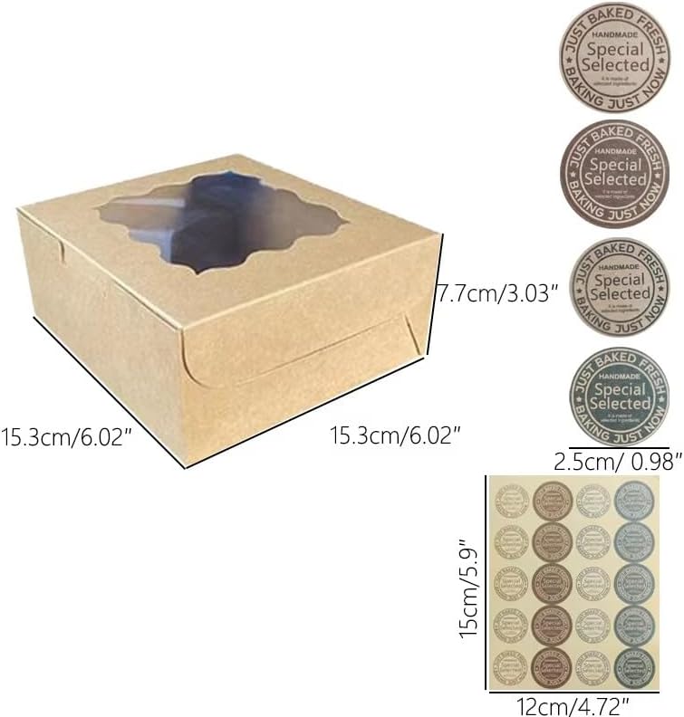 Generic 30Pcs (6x6x3 in) Mini Cake Boxes+2 stickers with Display Window for Gift Giving, Bakesale, Cupcakes, Dessert, Cookies, Pie, Macaroons, Donuts, Pastry, Kraft Paper Material… (30Pcs kraft) image 6