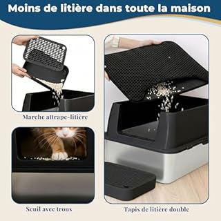 Bac à litière XXL pour Chat en Acier Inoxydable avec Couvercle – Maison de Toilette fermée à Double entrée avec Marche, Pelle et Tapis, Facile à Nettoyer, Anti-Odeur, pour Grands Chats