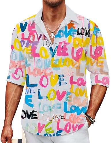 Mens Hawaiian Shirts Long Sleeve Button Down Floral Printed Casual Tropical Beach Shirts