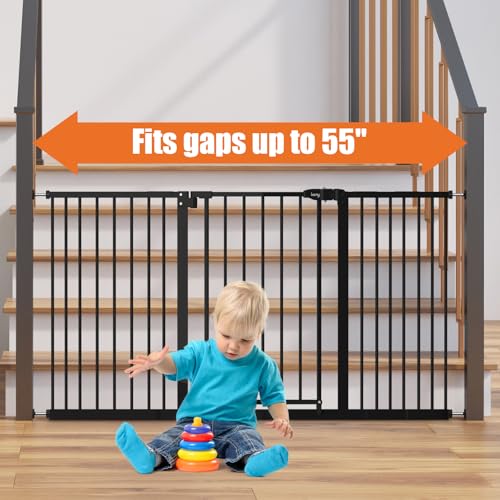 Image of keny 29 inch-55 inch Extra Wide Baby Gate, Pressure Mounted No Drilling Dog Gate | for Stairs Doorways, Easy Walk Through Safety Gate for Babies or Pets, 30 inch Tall, Black