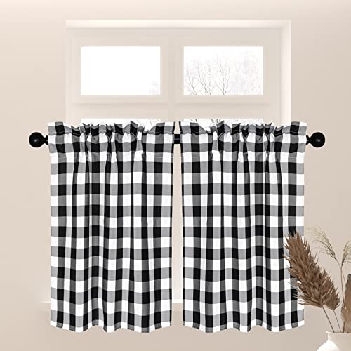 Bentrilisa 2 Pcs Buffalo Check Tier Curtains 36 Inches Rod Pocket Cafe Half Small Window Curtains Farmhouse Plaid Gingham Kitchen Bathroom Short Curtains, Black/White