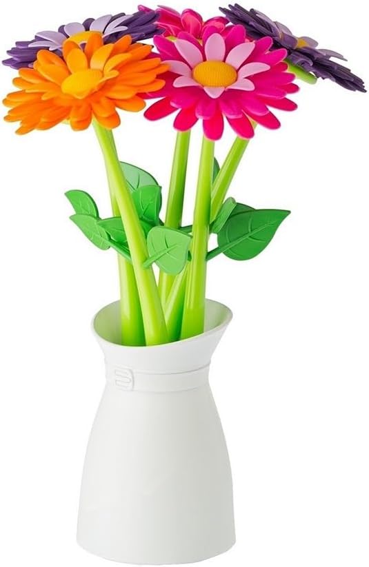 Vigar Flower Pen Set with Vase Holder, 5 Colorful Decorative Floral Pens with Blue Ink, Cute Office Supplies, Fun Pens for School and Work
