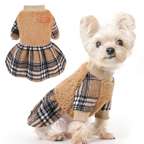 Image of Dog Sweater Dog Winter Clothes for Small Dogs Boy Girl Fall Puppy Dress Warm Fleece Chihuahua Yorkie Teacup Doggie Sweaters Dresses for Small Dogs Girl Cat Outfits, Brown Plaid, S