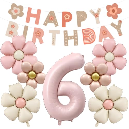 8 Pièces 6 An Decoration Anniversaire Marguerite, Ballon Anniversaire 6 an Fille, Ballon Fleur en Papier D'aluminium, ballon Fleur Marguerite, Décoration de Fille de 6 Ans anniversaire