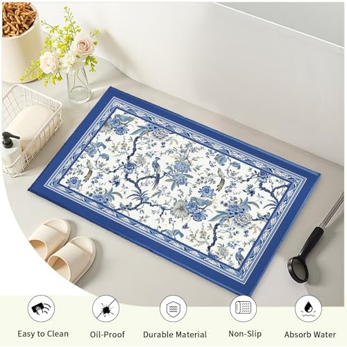 Evlaschin Chinoiserie Bath Rug 32x20 Inch, Blue White Birds Floral Bathroom Mats, Porcelain Oriental Flower Non-Slip Absorbent Bathroom Rugs for Bedroom Shower Room Bathtub Bedside Sink by Evlaschin - Used condition - Image 3