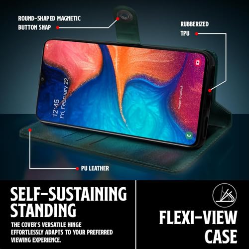 Image of WOW IMAGINE Shock Proof Flip Cover Back Case for Samsung Galaxy A20 | A30 | M10s (Magnetic Button Flip Case | Wallet Pockets & Stand | Leather Finish | Forest Green)