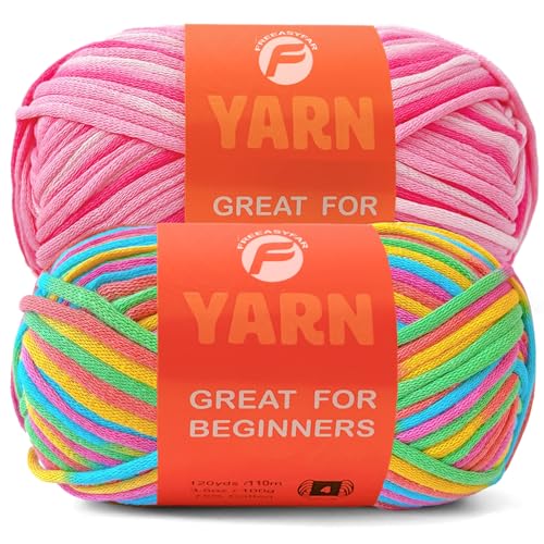 Image of 2 x 3.5Oz /120yds Beginner Easy Yarn for Crocheting and Knitting;Worsted-Weight Medium #4;Cotton Blend Yarn for Beginners Amigurumi DIY(Strawberry+Rainbow)