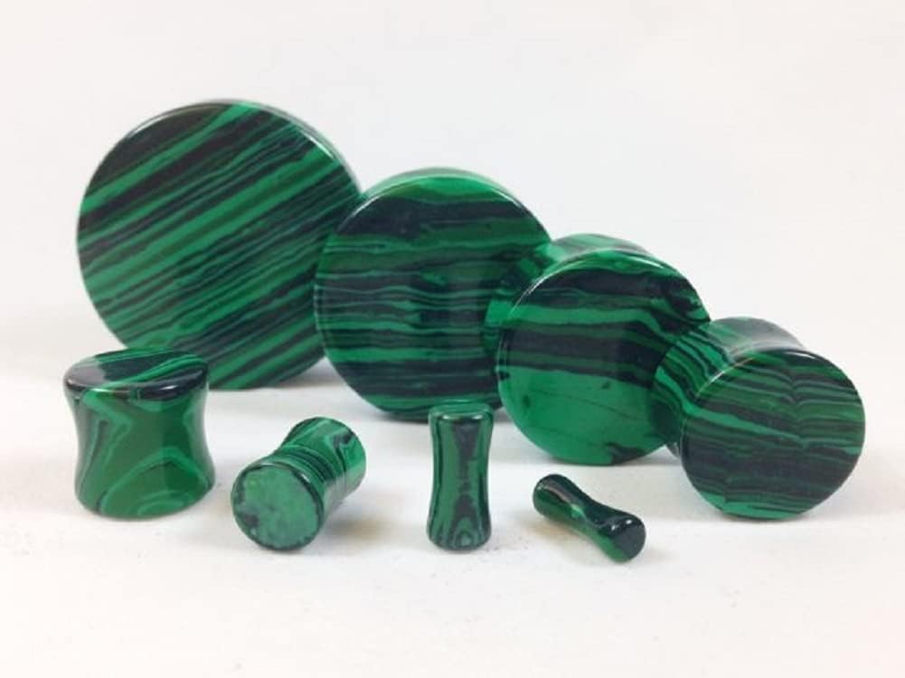 Green Malachite Line Agate Stone Organic Double-Sided Flare Gauges/Plugs/Tunnels 28mm 2 Pieces (1 Pair) (B/5/1/5)