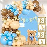 134 pc Teddy Bear Baby Shower Decorations for Boy - Balloon Arch Garland & BABY Boxes, Baby Boy Gold Glitter Banner and Bear Cutouts – Teddy Bear Themed Boy Baby Shower Decorations