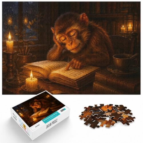 Image of 1000 Piece Jigsaw Puzzle for Adults, Sleeping Monkey on Books with Candles