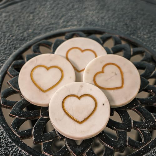 Image of Ireka Home Cupid's Touch Marble Coaster Set of 4 - Premium Golden Heart Engraved Design | Table & Drink Coasters Tea Cups, Coffee Mugs and Glasses