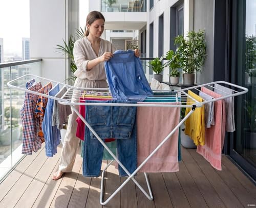 Image of Foldable Clothes Drying Rack, White Metal Frame, Indoor Outdoor Laundry Stand, Space Saving Design White Color