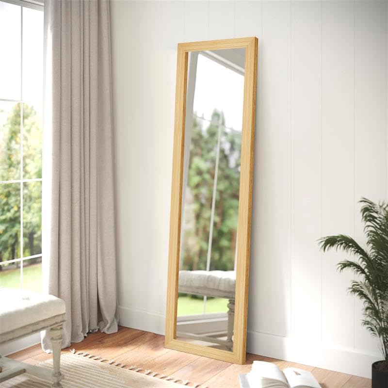 Image of Wood Framed Full Length Mirror, 4ft Wall Mounted Body Mirror with 5mm HD Shatterproof Glass, 3-Way Hanging or Leaning Mirror for Bedroom, Bathroom, Living Room (Natural Wood)