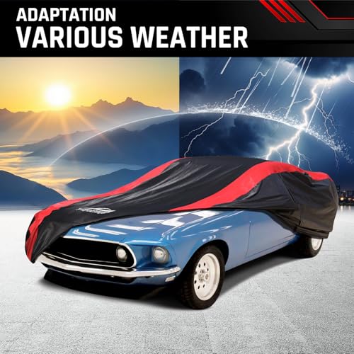 Image of Car Cover Custom Fit for Ford Mustang 1969-1973 Mach 1, Boss 302 & Boss 429 | Red Strip Design, Cotton Liner for Paint Protection, Sun Rain Snow UV Proof, Door Zipper, Windproof Buckle, Storage Bag