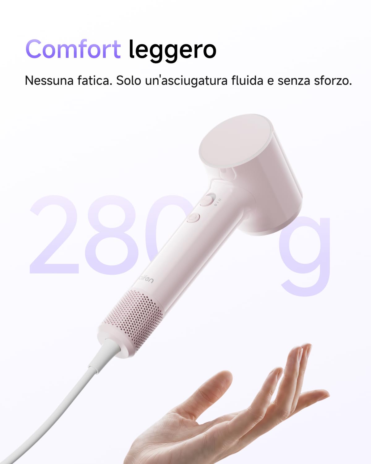 Laifen Air Asciugacapelli, 280g, Fino a 15× Più Veloce, Rosa Pastello | Diffusore e Lisciante, 200M Ioni, 110k rpm, 60dB, 2 Velocità & 5 Temperature, Asciugatira 3min, Modalità Bambino, Viaggio