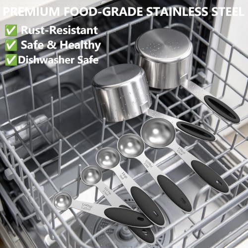 Stainless Steel Measuring Cups and Spoons Set with Silicone Handle – Nesting Design for Space-Saving, Heavy Duty & Dishwasher Safe for Dry/Liquid Ingredients, Cooking & Baking (10, Black) - image 3