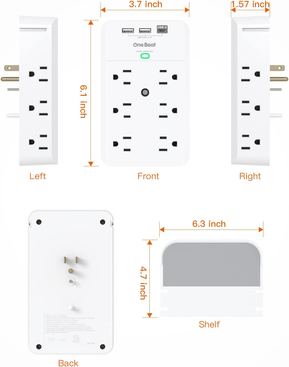 12-Plug Wall Outlet Extender with Shelf, Power Strips, Surge Protector 12 AC Outlets Multi Plug Outlet, 3 USB Ports (1 USB C Port) Wall Plug Expander for Home, Office, School