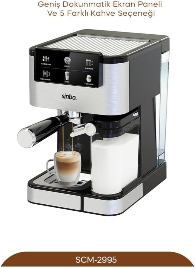 Geniş dokunmatik ekran paneli ve 5 farklı kahve seçeneği sunan Sinbo SCM-2995 Espresso Kahve Makinesi.