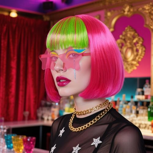 Image of ANOGOL Hair Cap + (Sunglasses) Rainbow Wig Yellow Green Pink Bob Wig with Bangs Womens Party Wigs with Star-Shaped Glasses Short Neon Wig Daily Party Fun Wigs Women Halloween Costume Bachelorette Hair