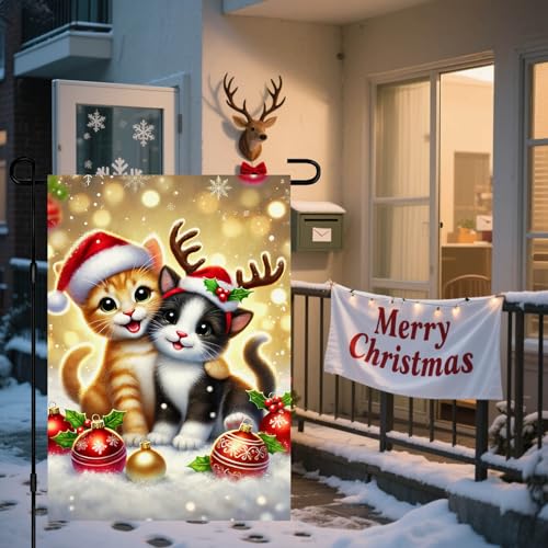 Image of BlissYard Christmas Garden Flag Adorable Kittens Santa 12x18 Inch Hats Reindeer Antlers Snowflakes Holiday Home Outdoor Decor Decorative Seasonal Welcome Banner Polyester For Girls or boys gifts
