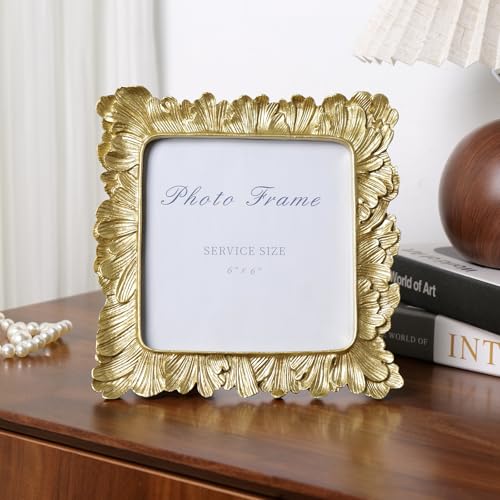 6x6 Gold Picture Frame, Vintage Gold Palm Leaves Textured Hand-Crafted Resin Frames with Glass Front, Retro Square Photo Frame for Wall and Tabletop Display Home Decor