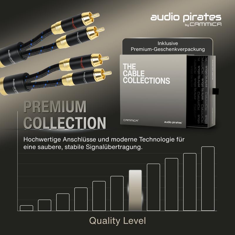 audio pirates by cammica Câble audio stéréo RCA 2 x 2 classe moyenne | 10 m | Câble audio stéréo RCA avec répartiteur | Cuivre OFC | OD : 6,5 mm | Gaine en nylon | Contacts or 24 carats | Hifi, Home
