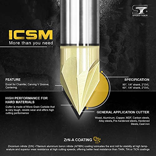 Speed Tiger Chamfer End Mill - Cnc Carving Bits, V Groove, 90 Degree, Icsm3/8"Shank 3"Ovl (1 Piece, 3/8" 90°) - For Wood, Alloy Steels, Hardened Steels – Mill Bits Sets For Diyers & Professionals #TOP2