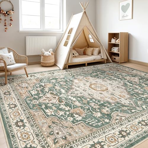 7x9 Area Rug Living Room: Machine Washable Boho Large Vintage Soft Rugs Stain Resistant Farmhouse Oriental Non Slip Indoor Floor Carpet for Bedroom Nursery Kids Playroom Office Dining Room- Green
