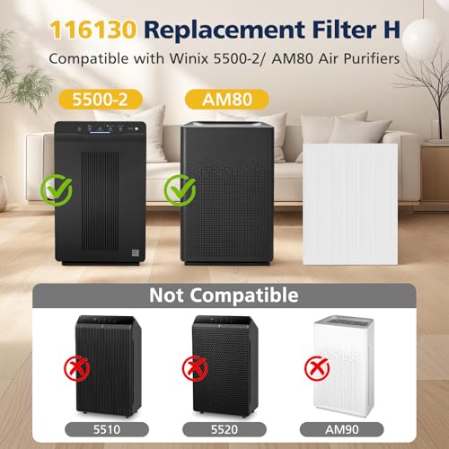 Image of 116130 Replacement Filter H Compatible with Winix 5500-2 / AM80 Air Purifi-ers, HEPA Filter for Dust Pollen Hair Pet Dander Smoke, 2 Pack(White)