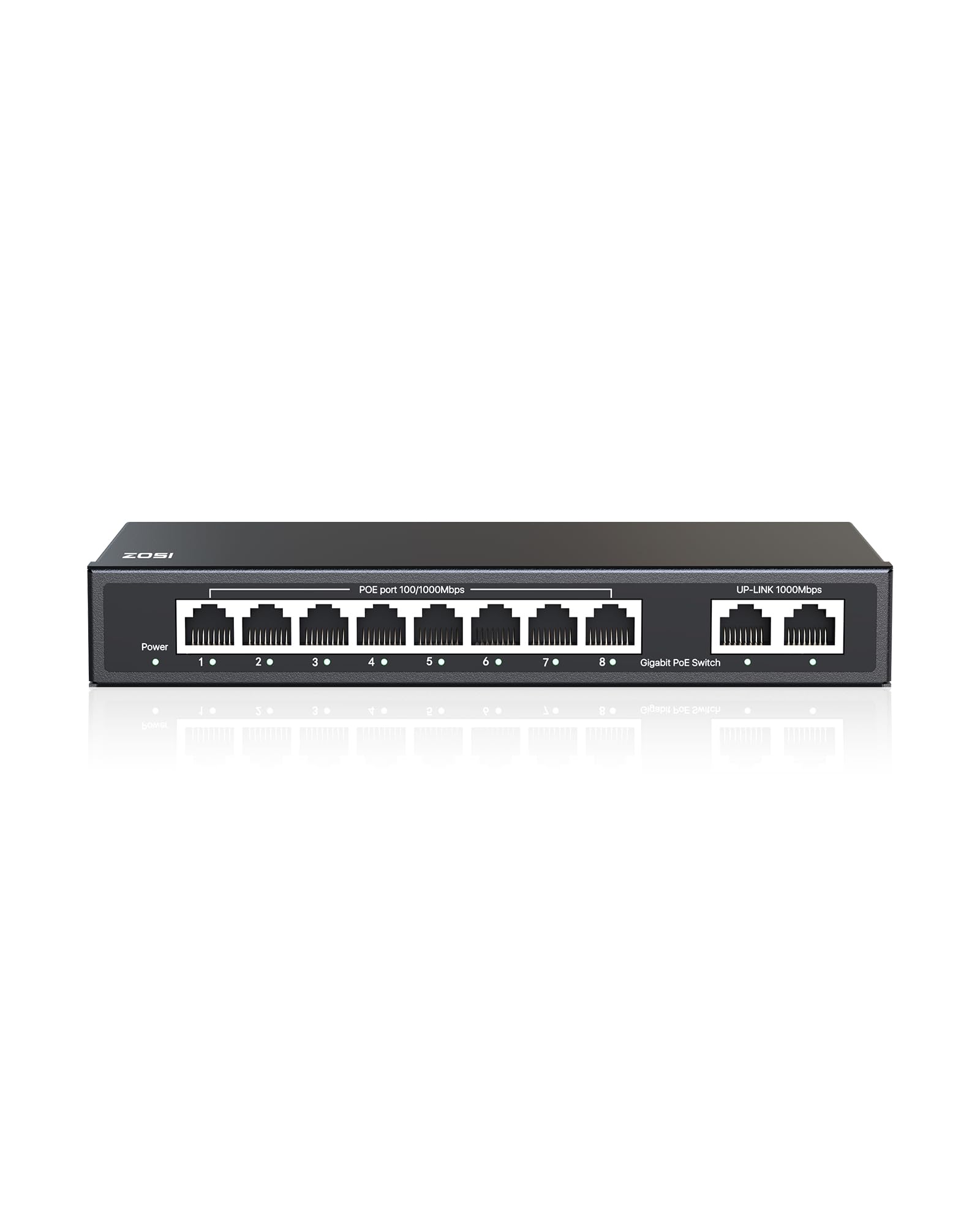 ZOSI 8 Port Gigabit PoE Switch with 2 Gigabit Uplink Port, 96W for 8 PoE+ Ports, IEEE802.3af/at, Unmanaged Ethernet Switch, Plug & Play, Sturdy Metal Casing, Desktop/Wall-Mount
