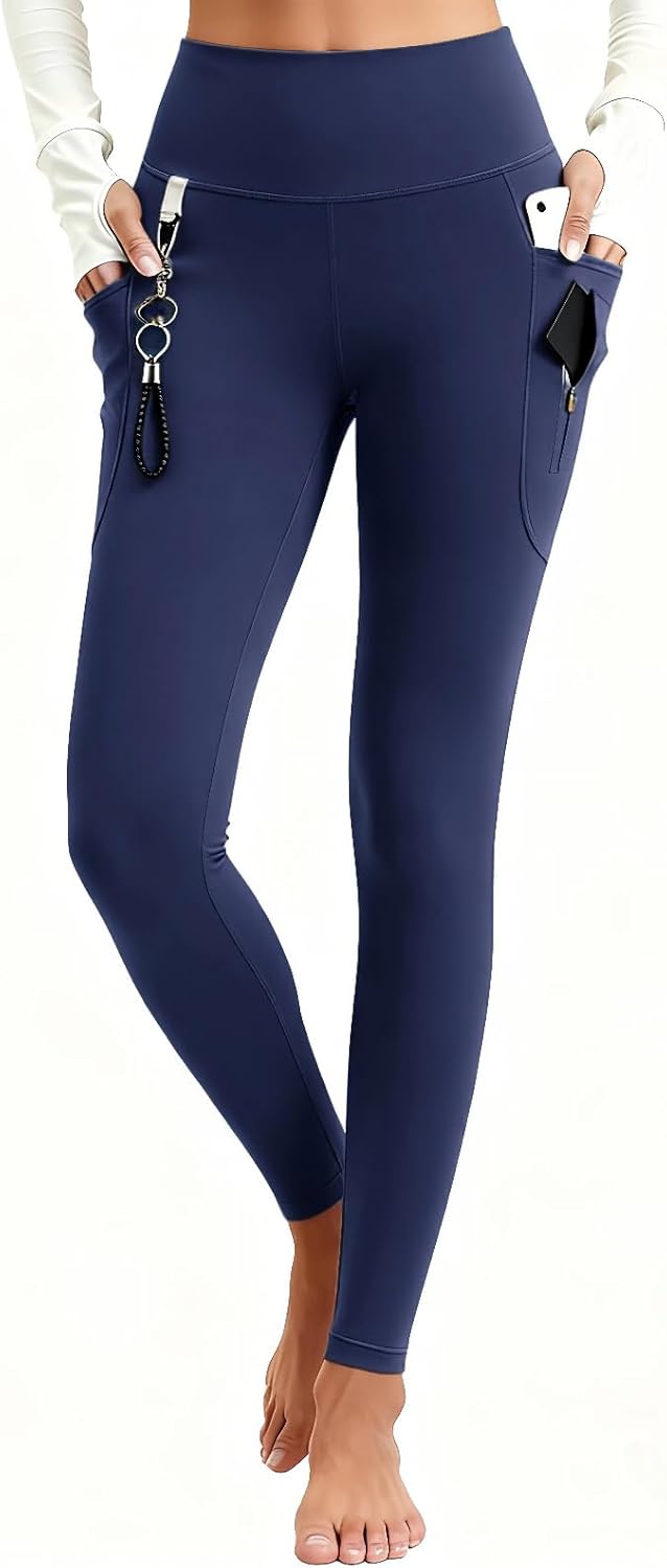 Fleece Lined Leggings for Women Snow Pants Water-Resistant Hiking Thermal Winter Tights with Pockets Tummy Control