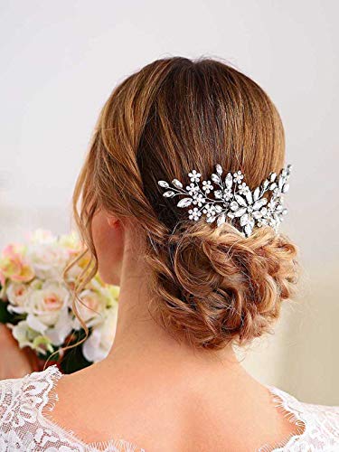 Unsutuo Crystal Bride Wedding Hair Comb Silver Rhinestone Flower Bridal Hair Pieces Pearl Wedding Hair Accessories For Women And Girls… (Silver) #TOP4