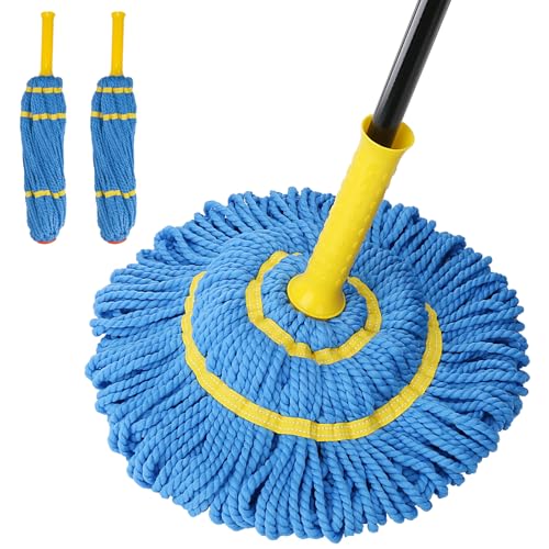 Self-Wringing Twist Mops with 1 Extra Refill, Microfiber Mops for Floor Cleaning with 57 ' Long Handle, Easy Wringing Floor Mop for Hardwood Commercial Household Clean (1 Handle & 2 Mop Heads)