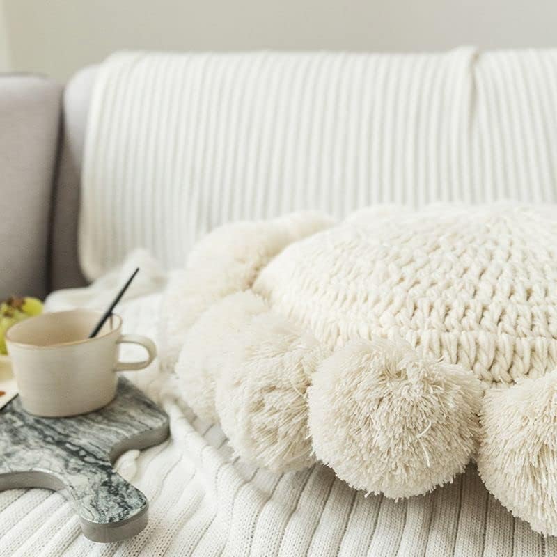 Knitted Throw Pillow Round Couch Pillow Sofa Cute Cushion Handmade Pompoms Decorative Plush Pillow (Beige, Diameter 18inches) - Image 2